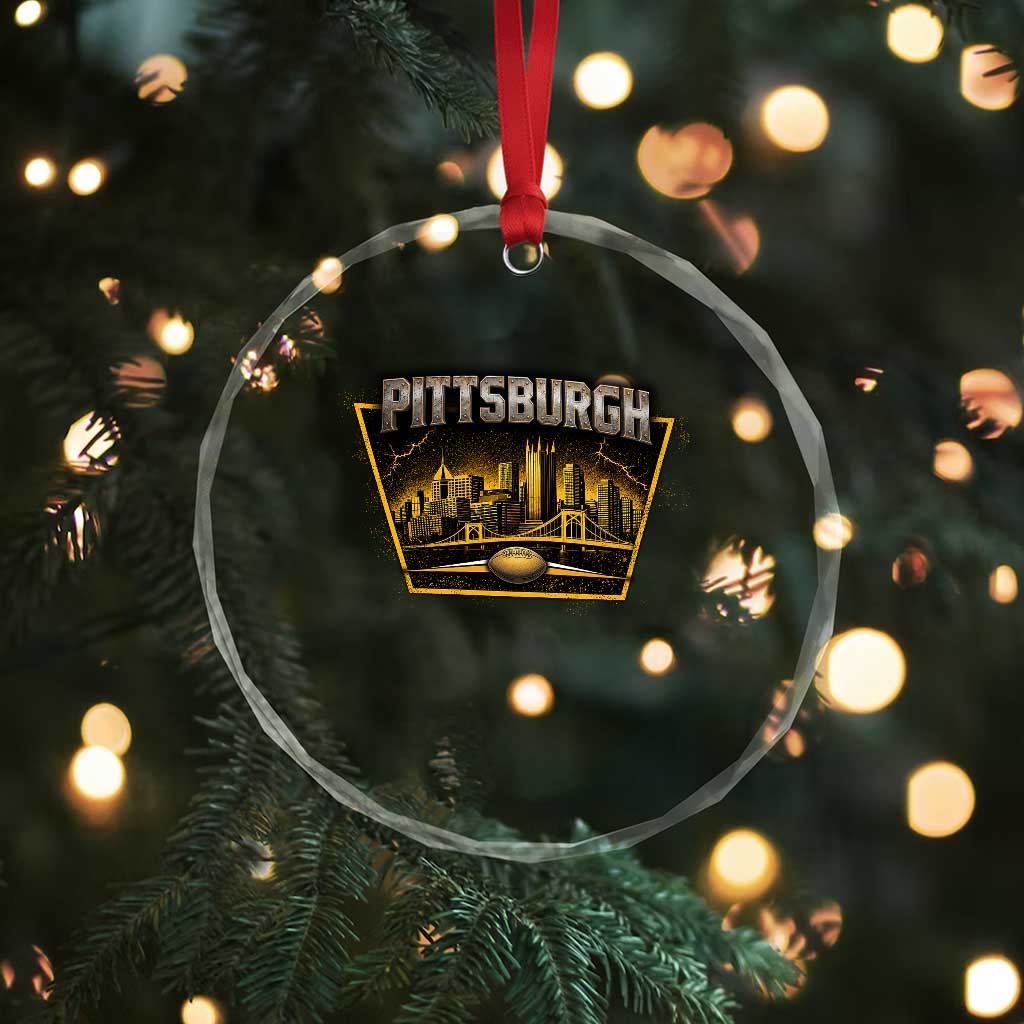 Pittsburgh Skyline Crest Graphic Crystal Glass Ornament Football Lover Gift