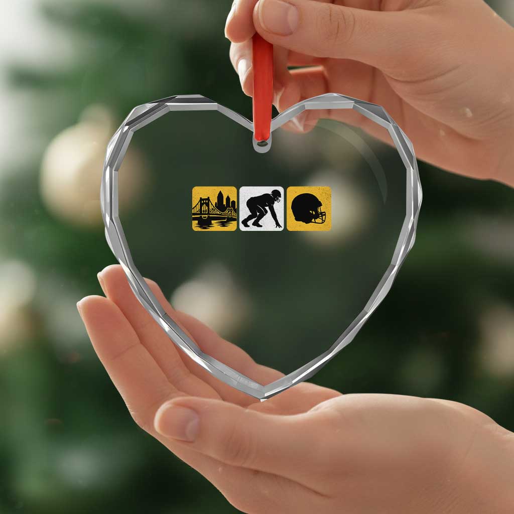 Pittsburgh Skyline Crest Graphic Heart Crystal Glass Ornament Football Fan Pride