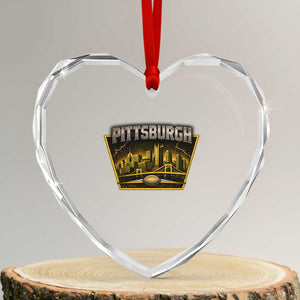 Pittsburgh Skyline Crest Graphic Heart Crystal Glass Ornament Football Lover Gift