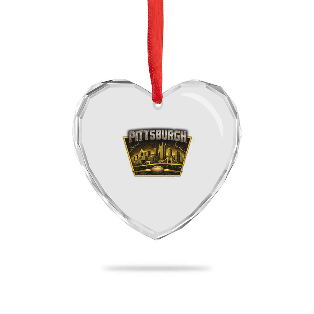 Pittsburgh Skyline Crest Graphic Heart Crystal Glass Ornament Football Lover Gift
