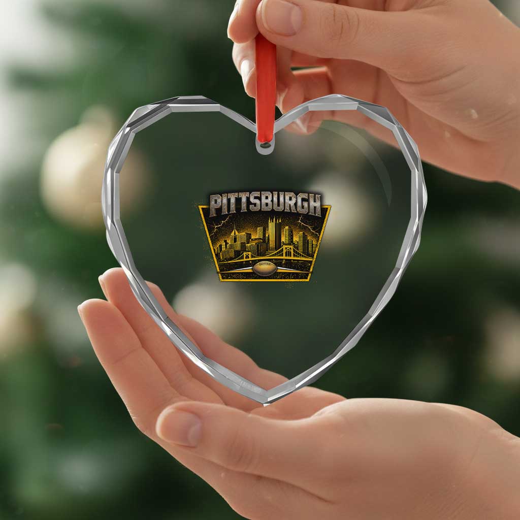 Pittsburgh Skyline Crest Graphic Heart Crystal Glass Ornament Football Lover Gift