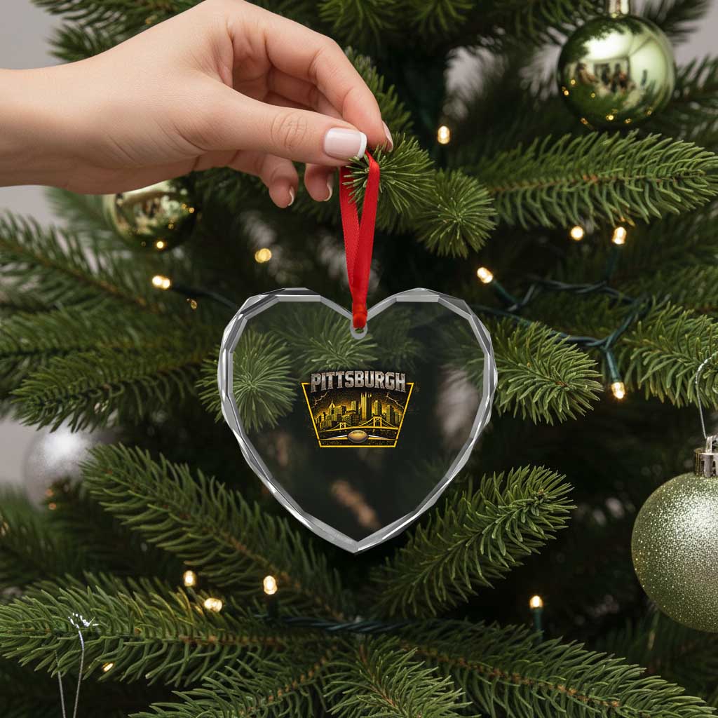 Pittsburgh Skyline Crest Graphic Heart Crystal Glass Ornament Football Lover Gift