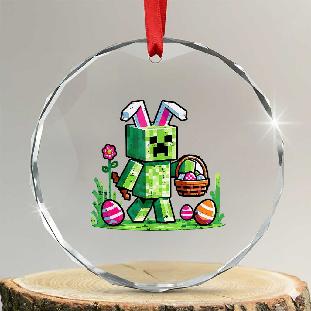 Pixel Easter Bunny Gamer Parody Graphic Crystal Glass Ornament Funny Block Style Rabbit with Eggs Basket Gaming Humor Gift TS02 Transparent Glass 3'' Circle Print Your Wear
