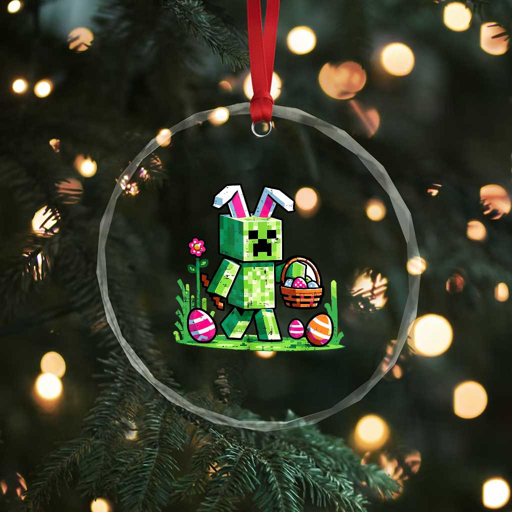 Pixel Easter Bunny Gamer Parody Graphic Crystal Glass Ornament Funny Block Style Rabbit with Eggs Basket Gaming Humor Gift TS02 Print Your Wear