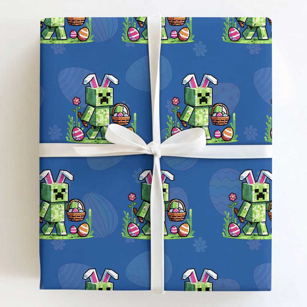 Pixel Easter Bunny Gamer Parody Graphic Wrapping Paper Roll Funny Block Style Rabbit with Eggs Basket Gaming Humor Gift TS02 Royal Blue Print Your Wear