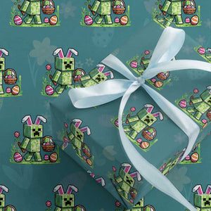 Pixel Easter Bunny Gamer Parody Graphic Wrapping Paper Roll Funny Block Style Rabbit with Eggs Basket Gaming Humor Gift TS02 Teal Print Your Wear