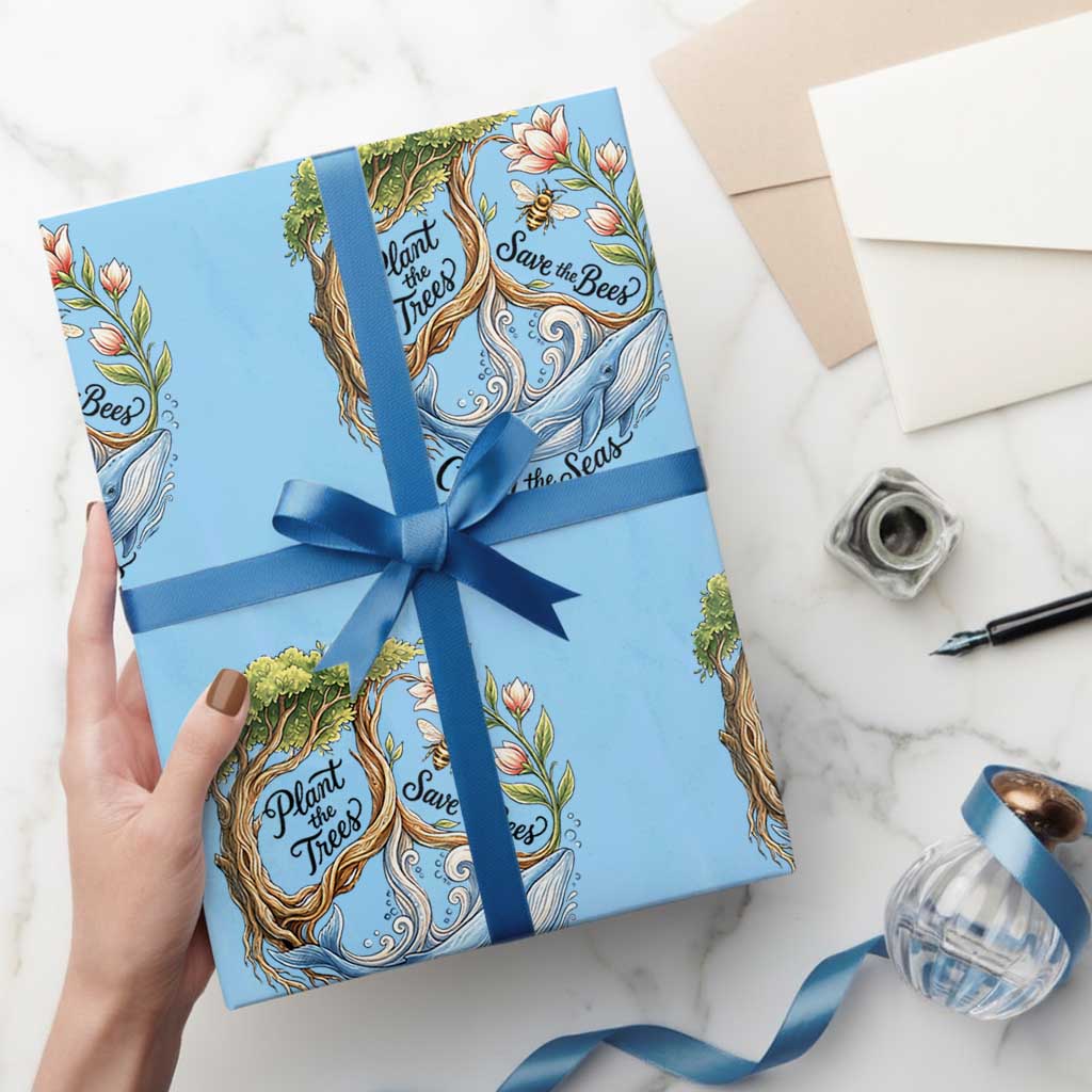 Plant The Trees Save The Bees Clean The Seas Wrapping Paper Roll Vintage Peace Sign Aesthetic Nature Lover Ocean Conservation TS02 Light Blue Print Your Wear