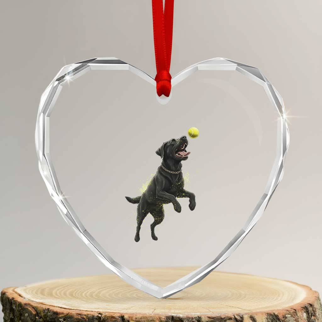 Playful Black Labrador Fetching Chasing Tennis Ball Heart Crystal Glass Ornament TS12 Transparent Glass 3'' Heart Print Your Wear