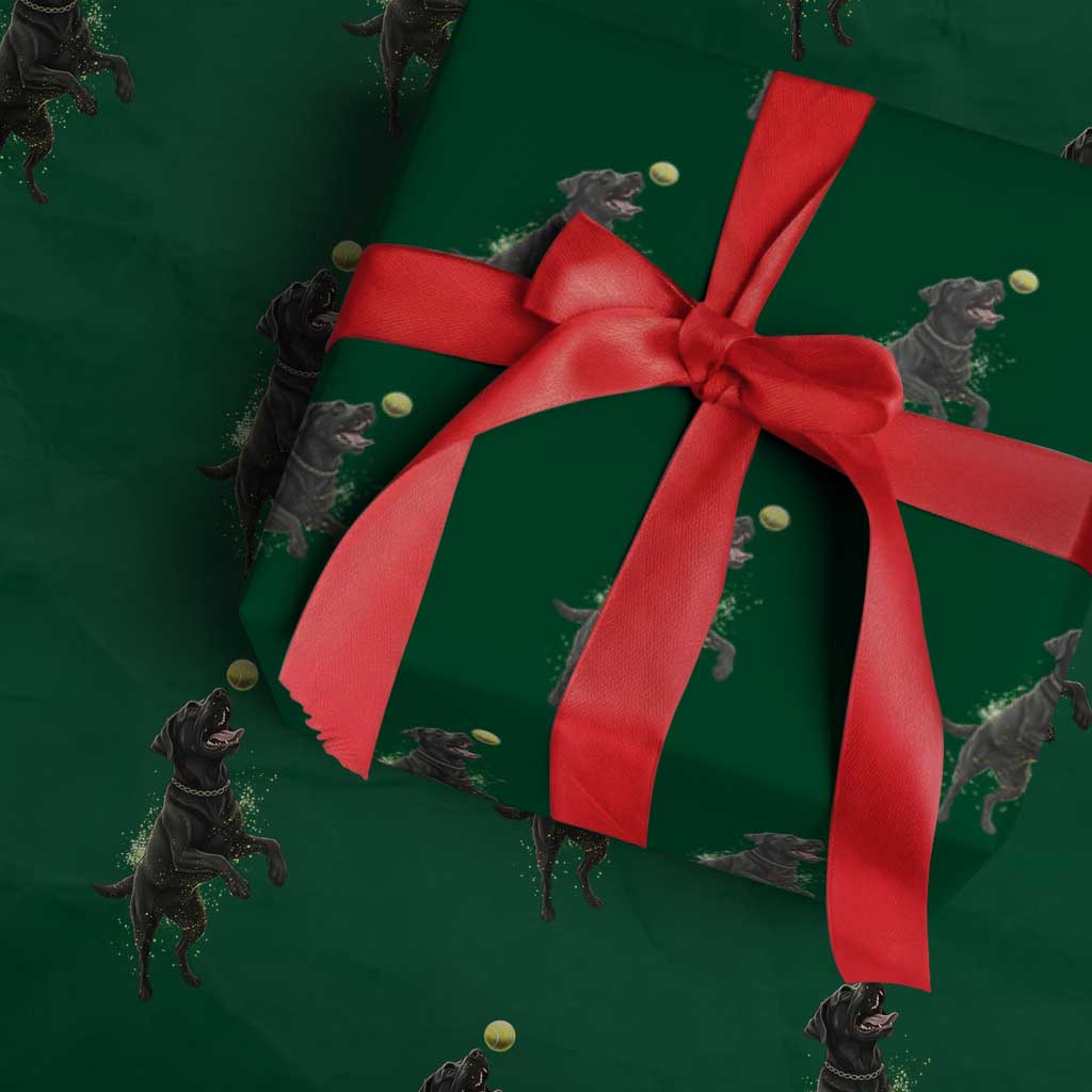 Playful Black Labrador Fetching Chasing Tennis Ball Wrapping Paper Roll TS12 Green Print Your Wear