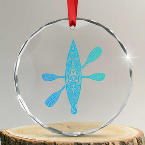 Polynesian Tribal Kayak Graphic Crystal Glass Ornament Maori Pattern Water Sports Cyan Gradient Paddling TS02 Transparent Glass 3'' Circle Print Your Wear
