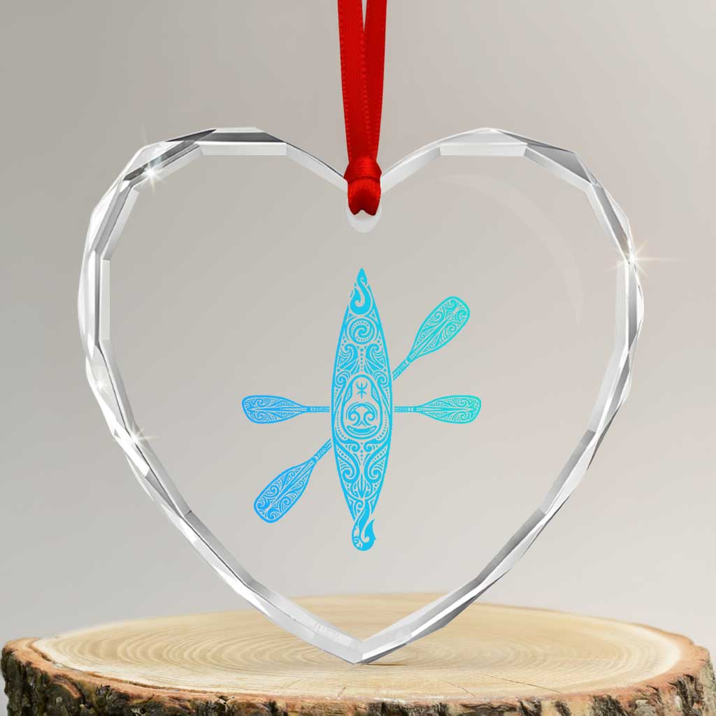 Polynesian Tribal Kayak Graphic Heart Crystal Glass Ornament Maori Pattern Water Sports Cyan Gradient Paddling TS02 Transparent Glass 3'' Heart Print Your Wear