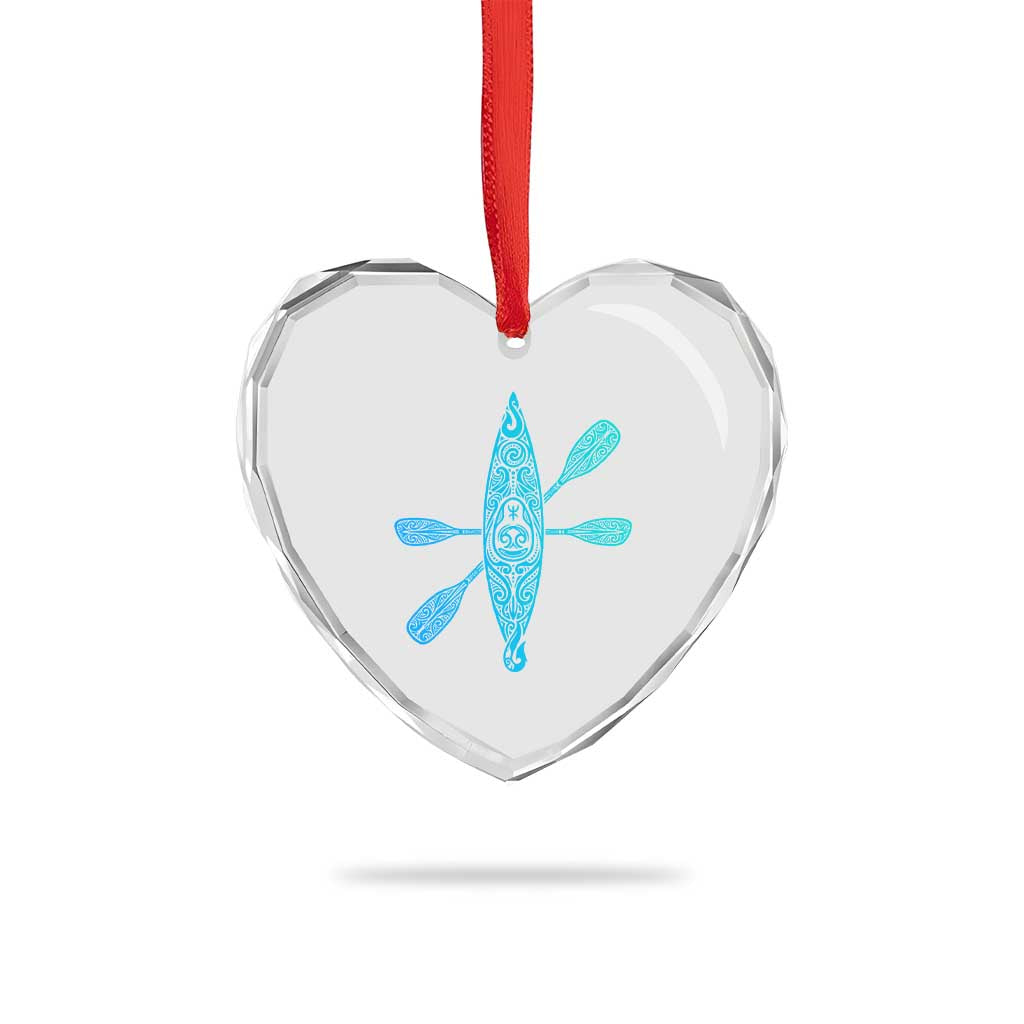 Polynesian Tribal Kayak Graphic Heart Crystal Glass Ornament Maori Pattern Water Sports Cyan Gradient Paddling TS02 Print Your Wear