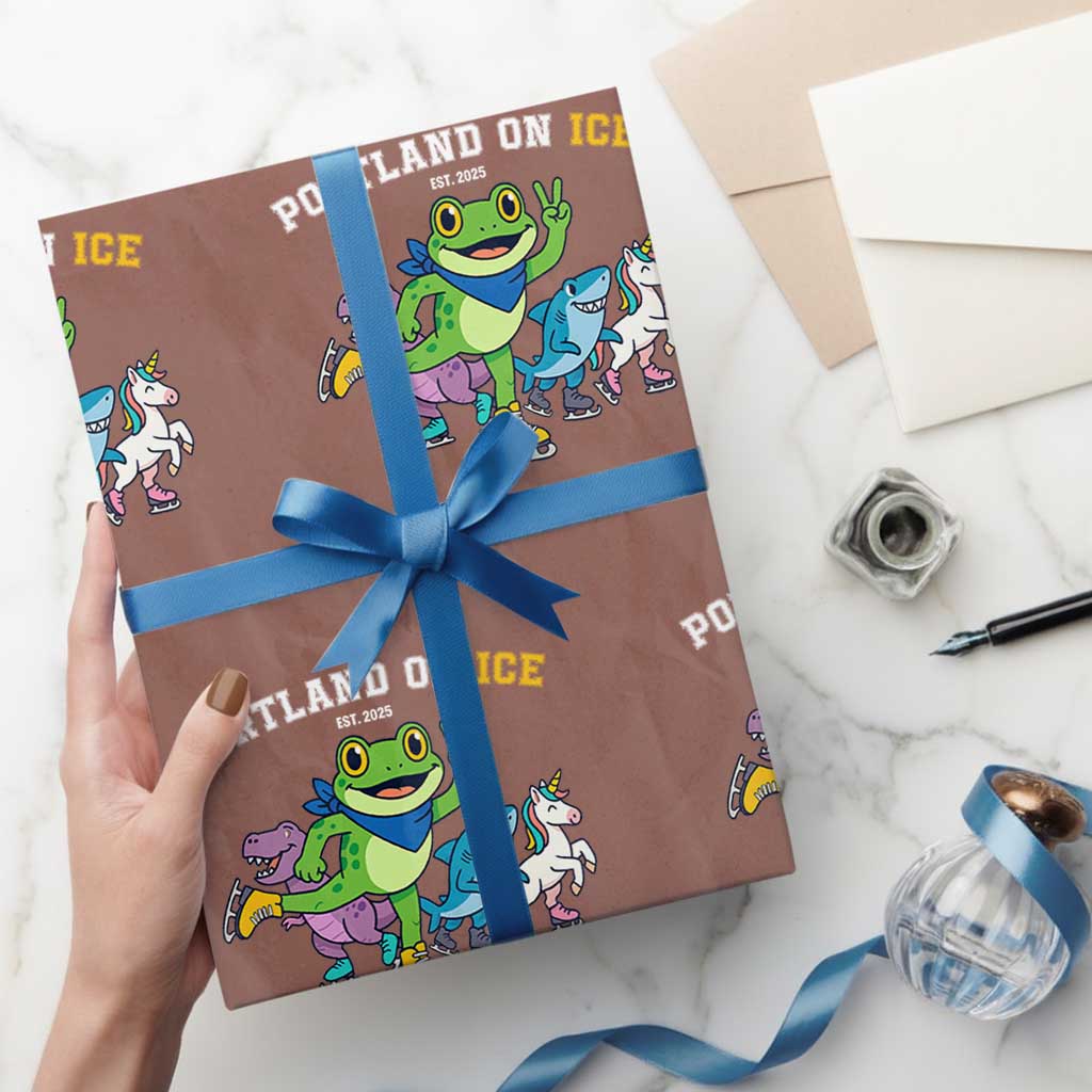 Portland On Ice 2025 Wrapping Paper Roll Resist Frog and Inflatable Animals Protest Sarcastic Politics TS02 Mocha Print Your Wear