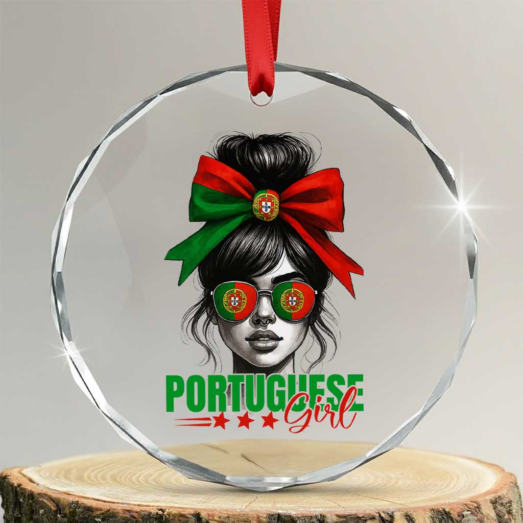 Portuguese Girl Crystal Glass Ornament Messy Bun Portugal Flag Roots Heritage Pride Gift - Print Your Wear