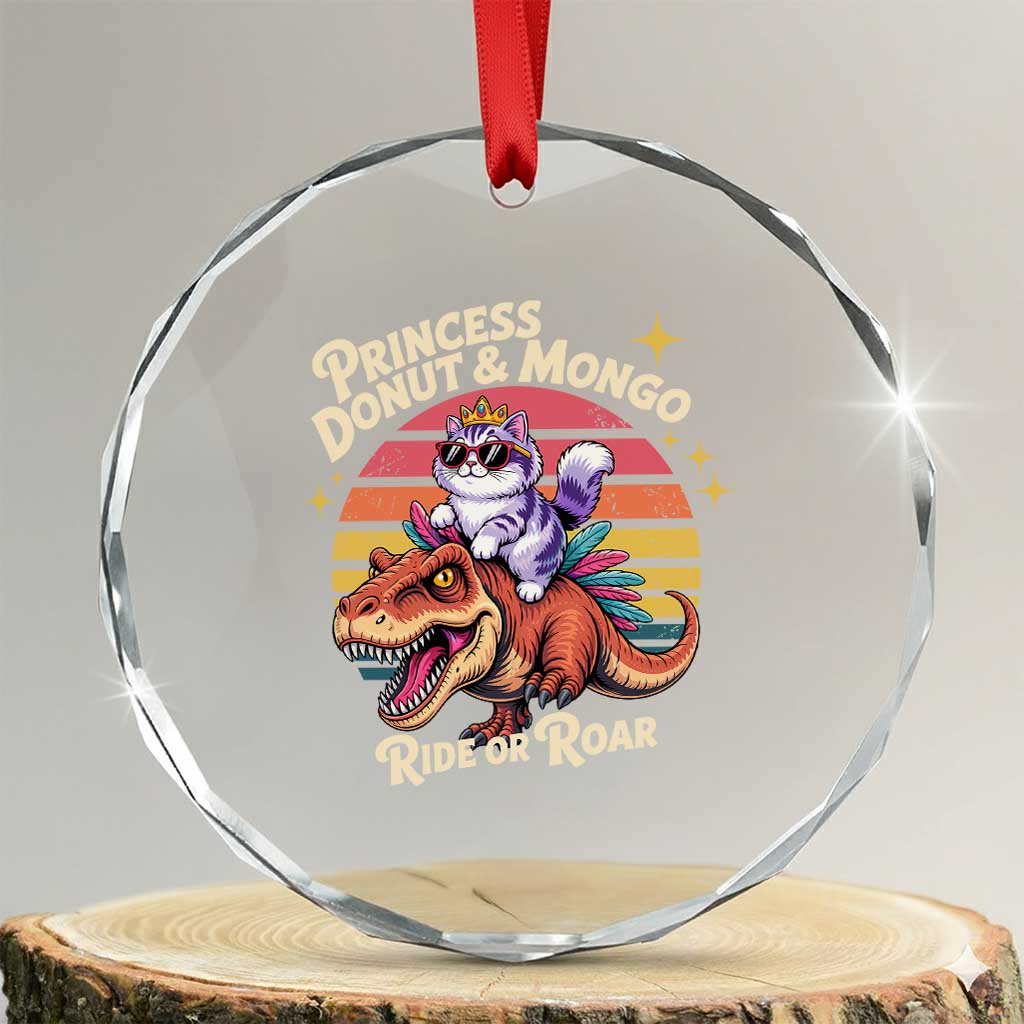 Royal Cat Princess and Raptor Ride or Roar Crystal Glass Ornament Funny Cat Riding Dinosaur Retro Sunset TS02 Transparent Glass 3'' Circle Print Your Wear