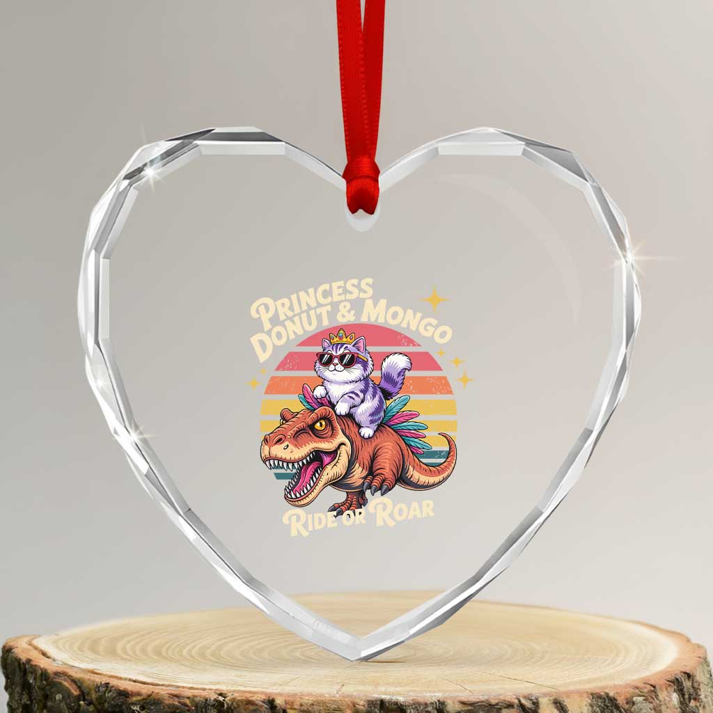 Royal Cat Princess and Raptor Ride or Roar Heart Crystal Glass Ornament Funny Cat Riding Dinosaur Retro Sunset TS02 Transparent Glass 3'' Heart Print Your Wear