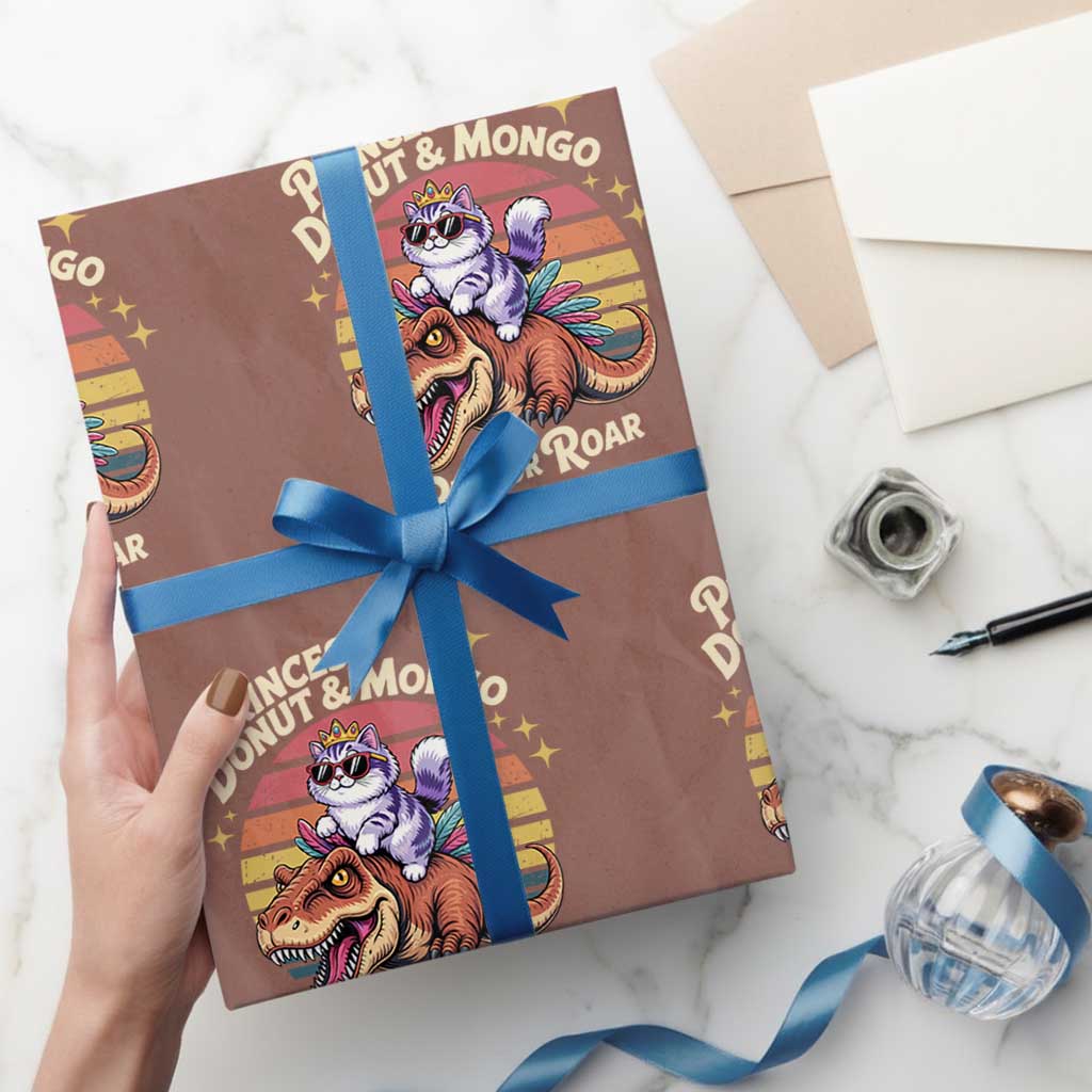 Royal Cat Princess and Raptor Ride or Roar Wrapping Paper Roll Funny Cat Riding Dinosaur Retro Sunset TS02 Mocha Print Your Wear