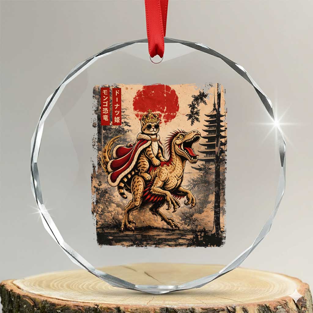 Cat Princess Riding Raptor Dinosaur Crystal Glass Ornament Japanese Vintage Graphic Ukiyoe Art TS11 Transparent Glass 3'' Circle Print Your Wear