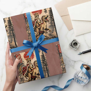 Cat Princess Riding Raptor Dinosaur Wrapping Paper Roll Japanese Vintage Graphic Ukiyoe Art TS11 Mocha Print Your Wear