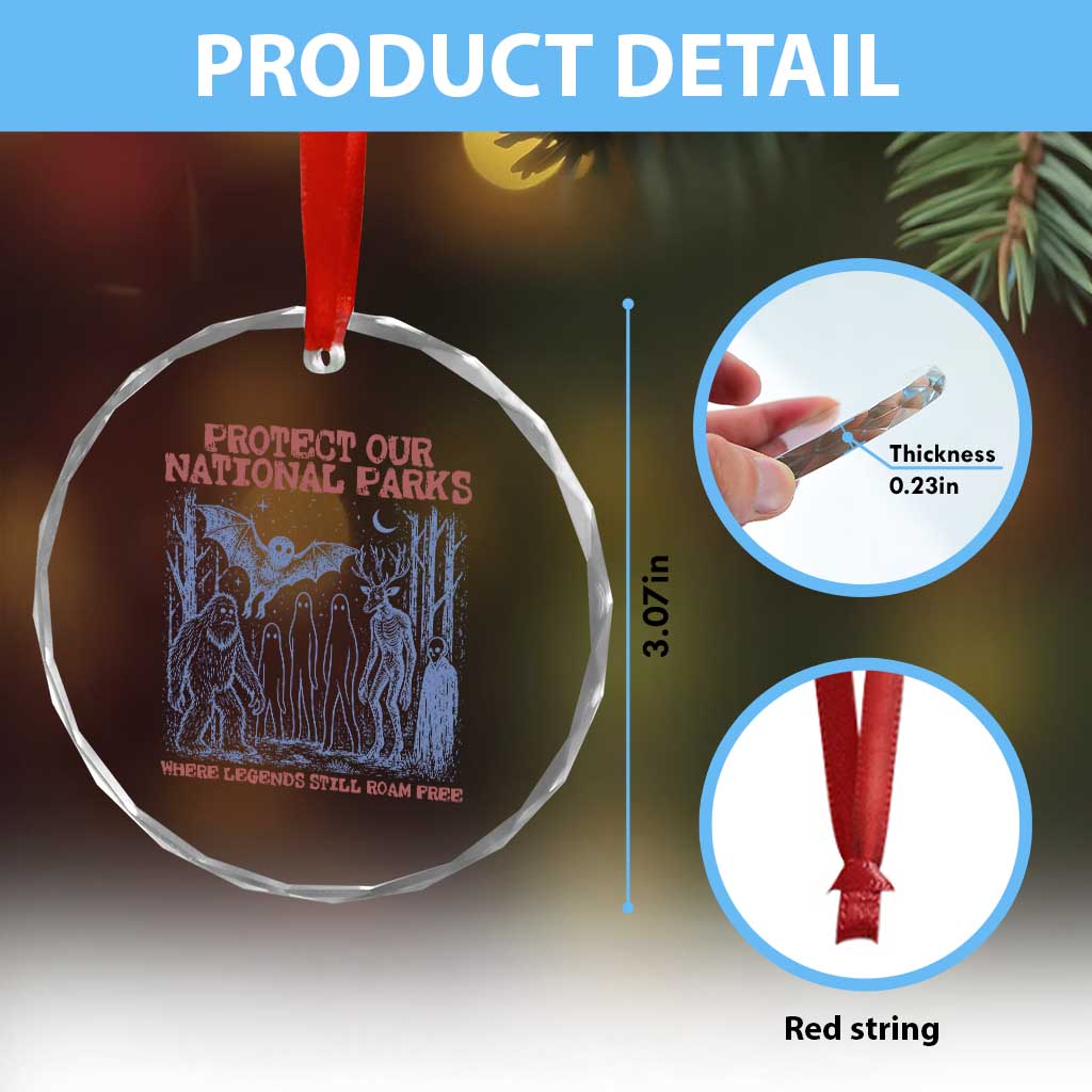 Protect Our National Parks Funny Cryptid Society Vintage Graphic Crystal Glass Ornament Bigfoot Mothman Wendigo Where Legends Still Roam Free