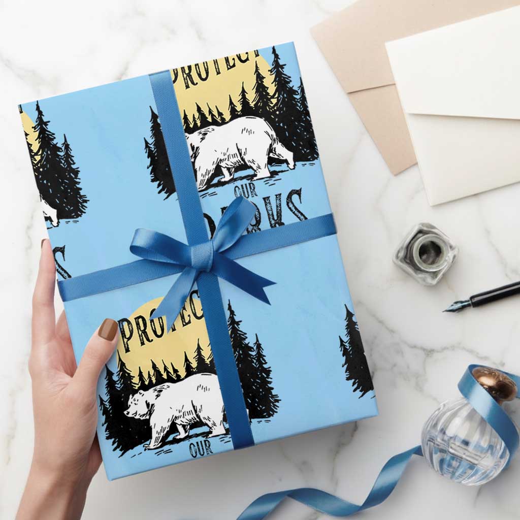 Protect Our Parks Wrapping Paper Roll Retro Bear Forest Nature Graphic TS02 Light Blue Print Your Wear