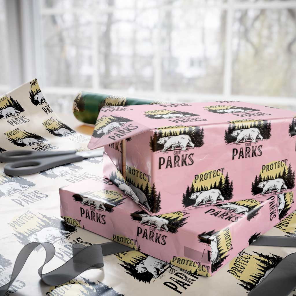 Protect Our Parks Wrapping Paper Roll Retro Bear Forest Nature Graphic TS02 Light Pink Print Your Wear