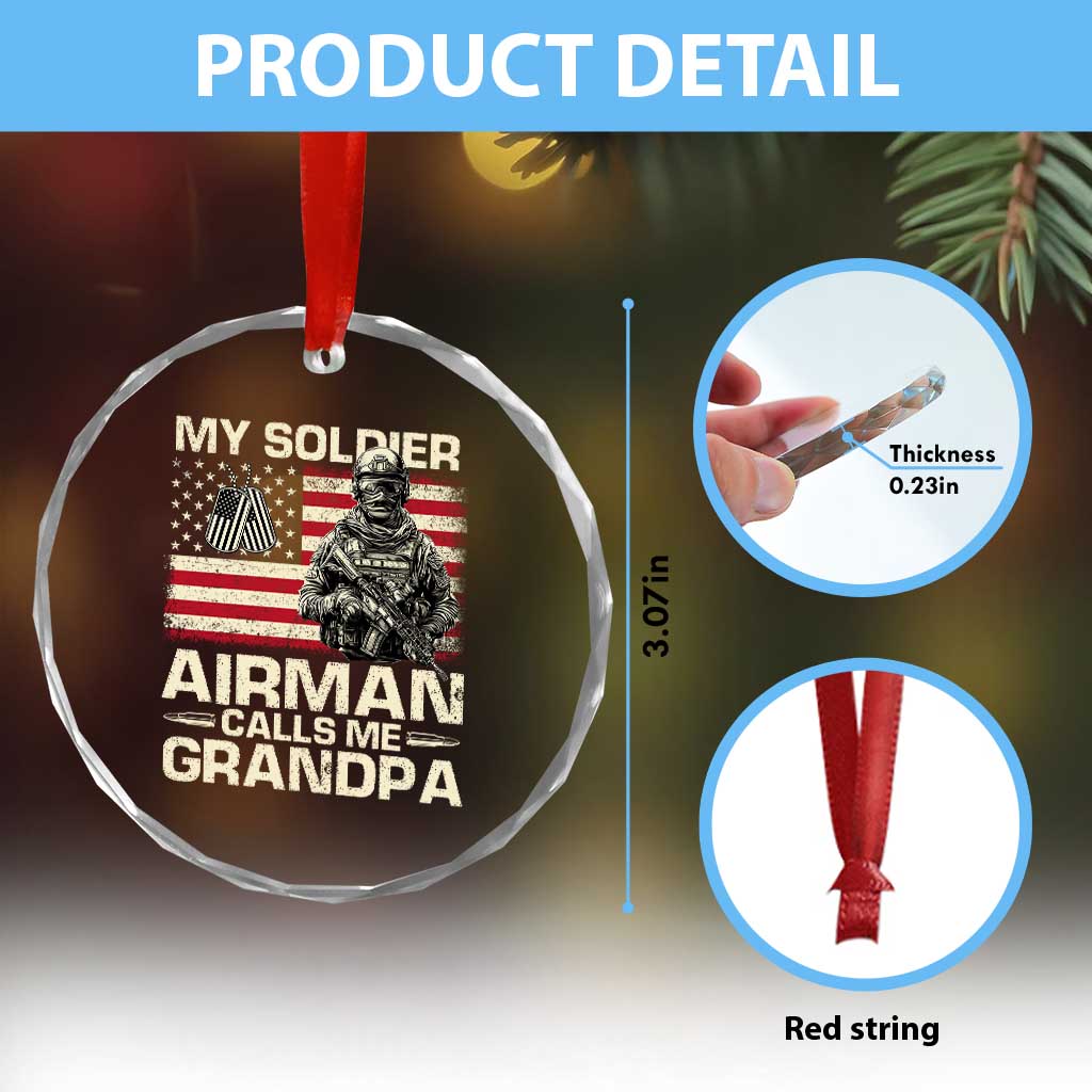 Proud Air Force Grandpa Crystal Glass Ornament My Soldier Airman Calls Me Grandpa US Flag TS10 Print Your Wear