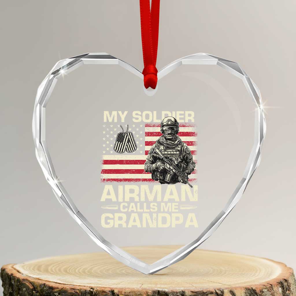 Proud Air Force Grandpa Heart Crystal Glass Ornament My Soldier Airman Calls Me Grandpa US Flag TS10 Transparent Glass 3'' Heart Print Your Wear