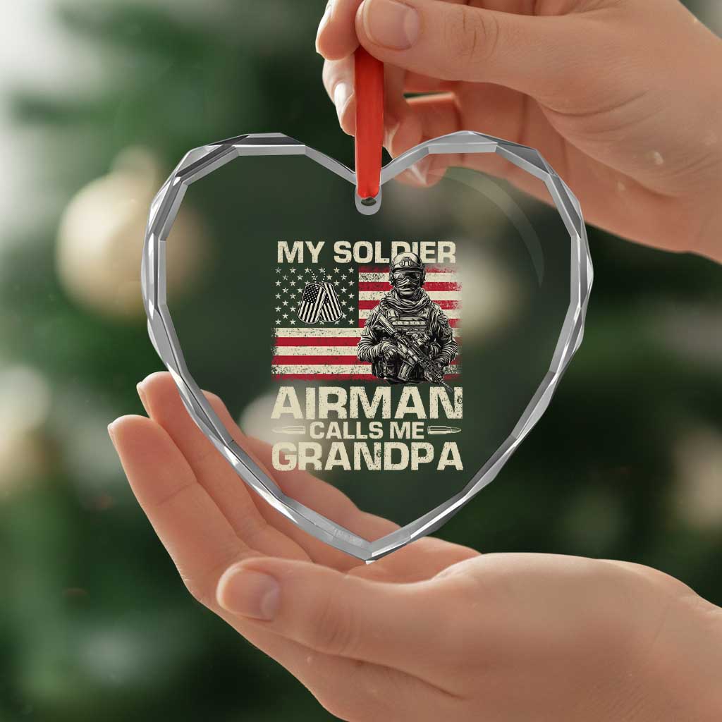 Proud Air Force Grandpa Heart Crystal Glass Ornament My Soldier Airman Calls Me Grandpa US Flag TS10 Print Your Wear