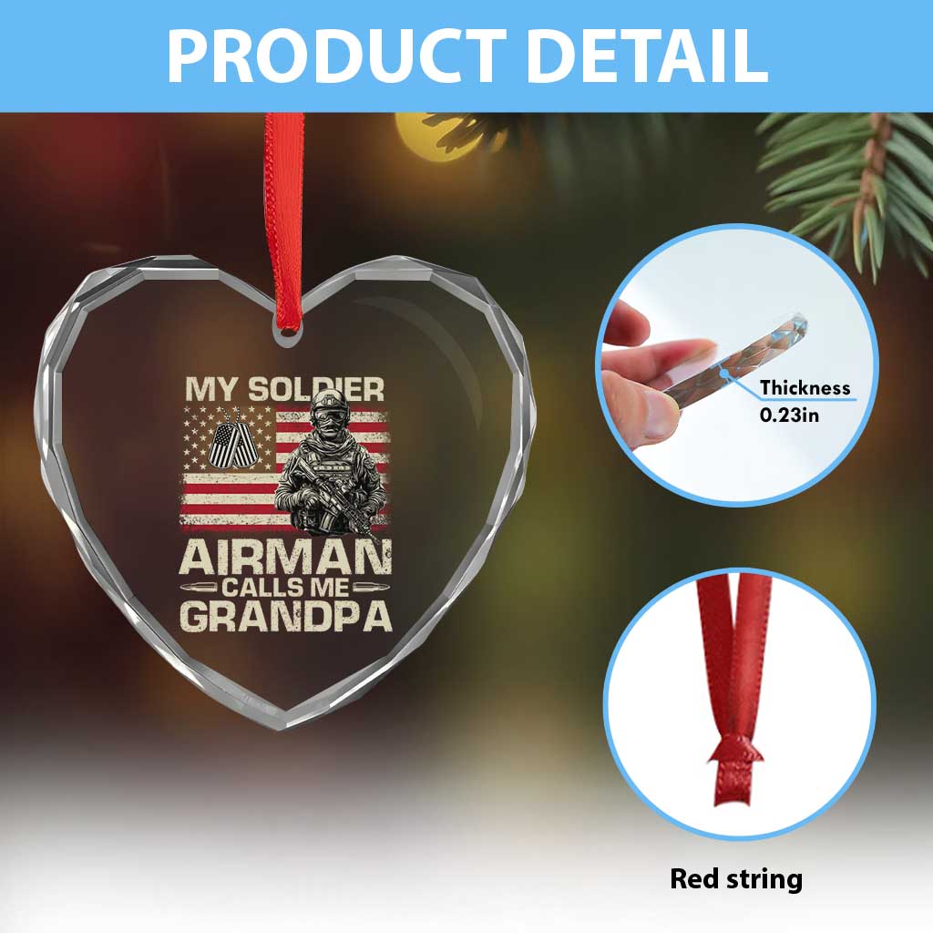 Proud Air Force Grandpa Heart Crystal Glass Ornament My Soldier Airman Calls Me Grandpa US Flag TS10 Print Your Wear