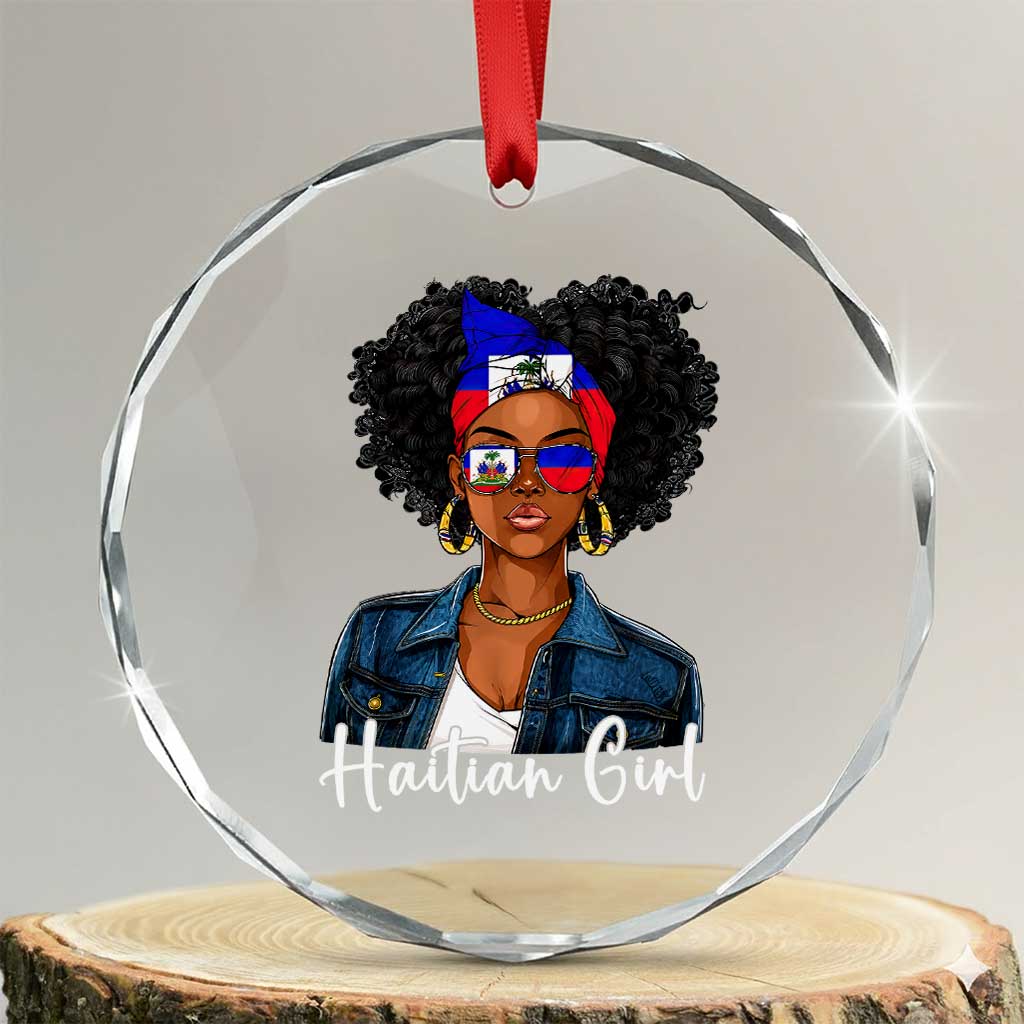 Proud Haitian Afro Girl in Denim Jacket Style Graphic Crystal Glass Ornament Haiti Heritage Pride TS02 Transparent Glass 3'' Circle Print Your Wear