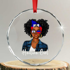 Proud Haitian Afro Girl in Denim Jacket Style Graphic Crystal Glass Ornament Haiti Heritage Pride TS02 Transparent Glass 3'' Circle Print Your Wear