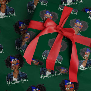 Proud Haitian Afro Girl in Denim Jacket Style Graphic Wrapping Paper Roll Haiti Heritage Pride TS02 Green Print Your Wear