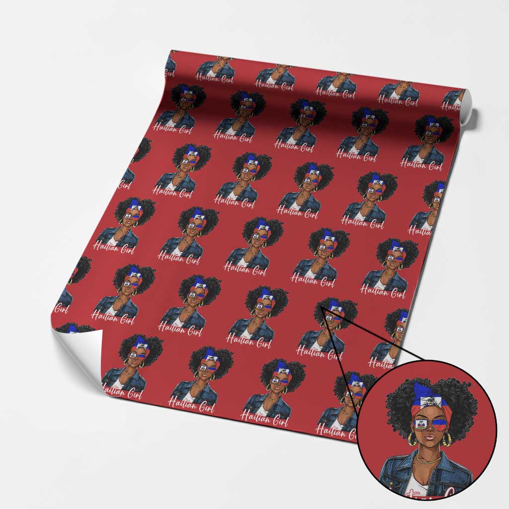 Proud Haitian Afro Girl in Denim Jacket Style Graphic Wrapping Paper Roll Haiti Heritage Pride TS02 Red Print Your Wear