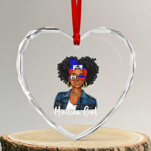 Proud Haitian Afro Girl in Denim Jacket Style Graphic Heart Crystal Glass Ornament Haiti Heritage Pride TS02 Transparent Glass 3'' Heart Print Your Wear
