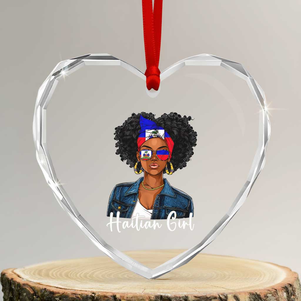 Proud Haitian Afro Girl in Denim Jacket Style Graphic Heart Crystal Glass Ornament Haiti Heritage Pride TS02 Transparent Glass 3'' Heart Print Your Wear