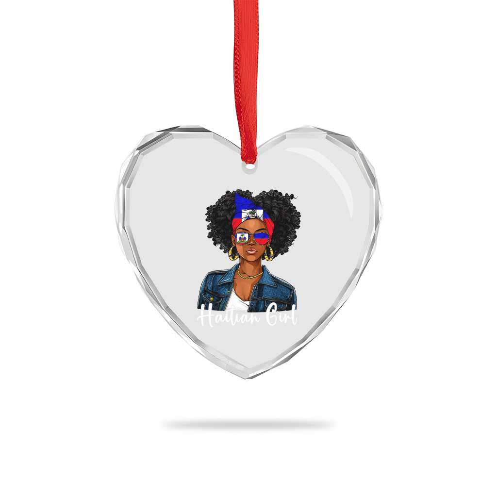 Proud Haitian Afro Girl in Denim Jacket Style Graphic Heart Crystal Glass Ornament Haiti Heritage Pride TS02 Print Your Wear