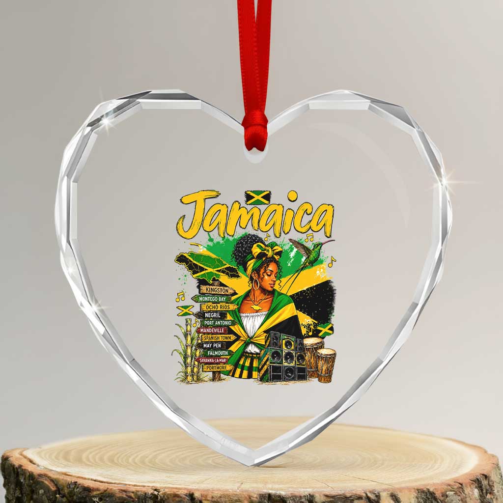 Proud Jamaican Queen Jamaica Roots Heritage Heart Crystal Glass Ornament Doctor Bird and Island Landmarks Graphic TS02 Transparent Glass 3'' Heart Print Your Wear