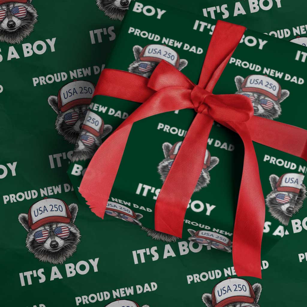Proud New Dad It's A Boy Wrapping Paper Roll Raccoon Patriotic America 250th Anniversary TS14 Green Print Your Wear