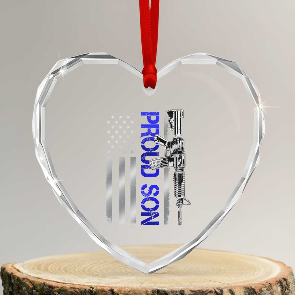 Proud Son of a Police Dad Heart Crystal Glass Ornament Gun American Flag Family Support