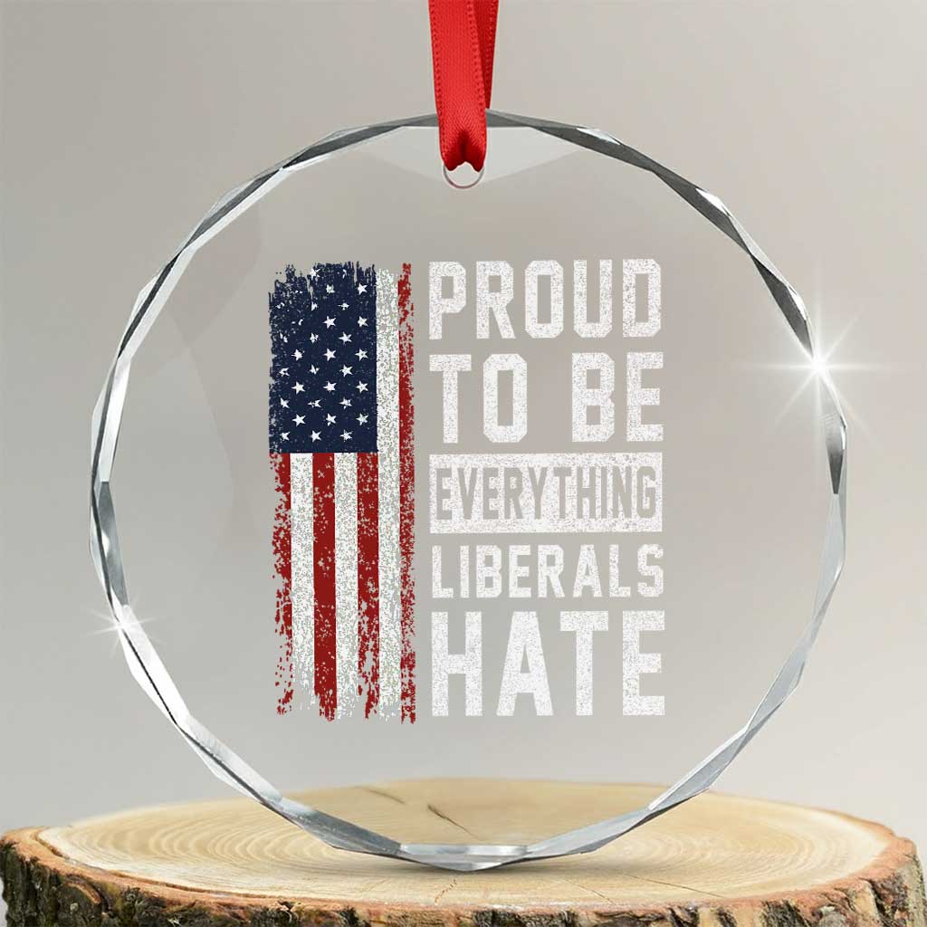 Proud To Be Everything Liberals Hate Satire Crystal Glass Ornament Distressed American Flag Patriotic Sarcasm Graphic TS02 Transparent Glass 3'' Circle Print Your Wear
