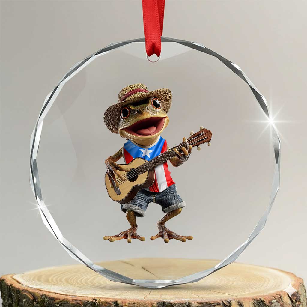 Puerto Rico Coqui Frog Puerto Rican Flag Taino Boricua Guitar Crystal Glass Ornament TS11 Transparent Glass 3'' Circle Print Your Wear