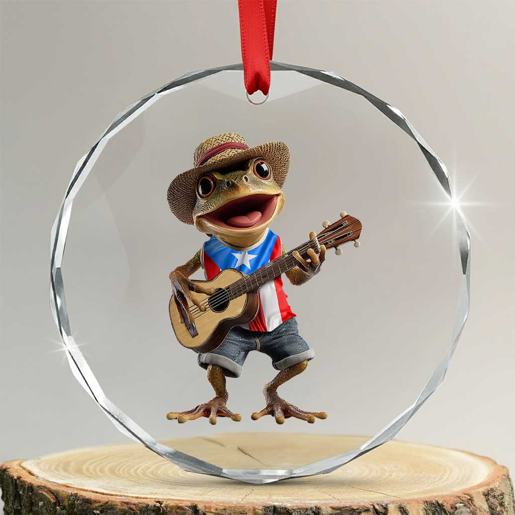 Puerto Rico Coqui Frog Puerto Rican Flag Taino Boricua Guitar Crystal Glass Ornament TS11 Transparent Glass 3'' Circle Print Your Wear