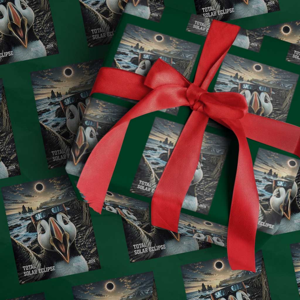 Puffin Selfie August 12 2026 Total Solar Eclipse Wrapping Paper Roll Funny Totality Photographic Astronomy Souvenir TS02 Green Print Your Wear