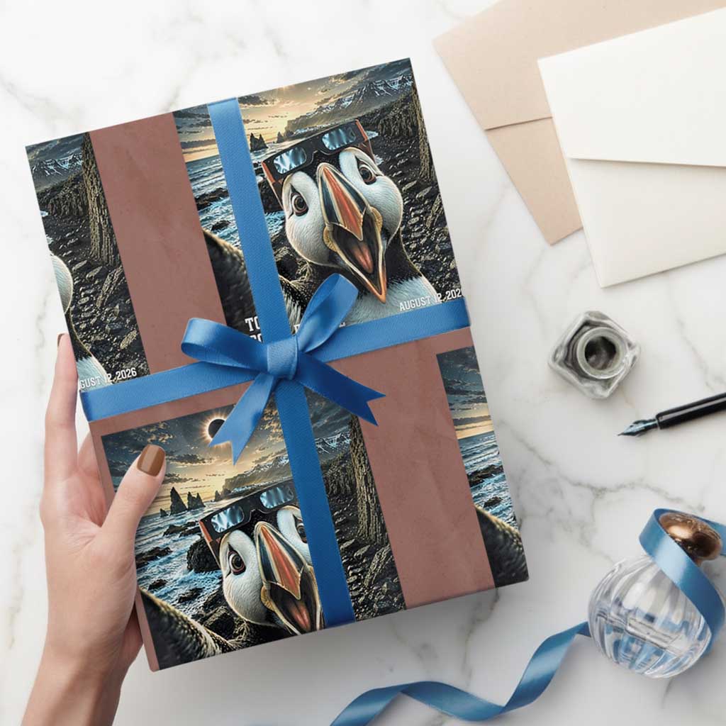 Puffin Selfie August 12 2026 Total Solar Eclipse Wrapping Paper Roll Funny Totality Photographic Astronomy Souvenir TS02 Mocha Print Your Wear