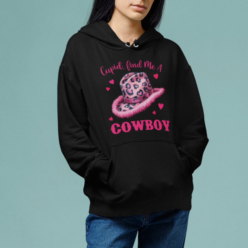 Valentine's Day Hoodie Cupid Find Me A Cowboy Western Heart Leopard Hat TS09 Printyourwear
