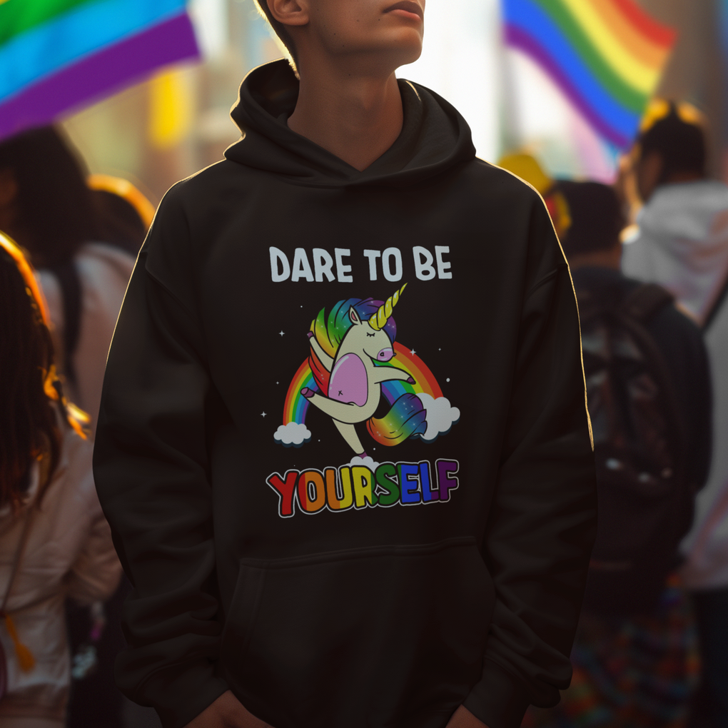LGBT Cute Unicorn Hoodie Dare To Be Yourself LGBTQ Gay Pride Flag Rainbow TS02 Printyourwear