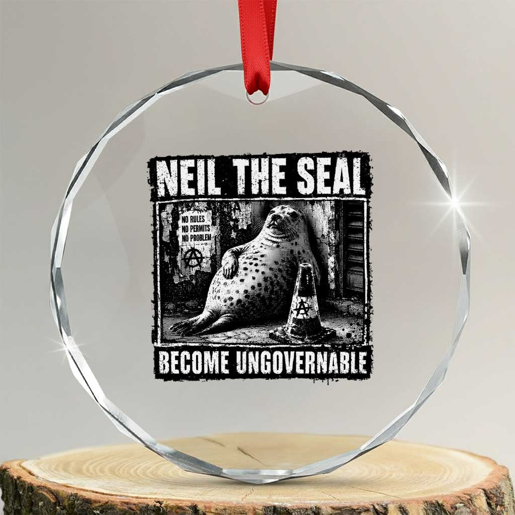 Punk Rock Neil the Seal Become Ungovernable Poster Style Crystal Glass Ornament Funny Viral Chaotic Elephant Seal Traffic Cone Meme TS02 Transparent Glass 3'' Circle Print Your Wear