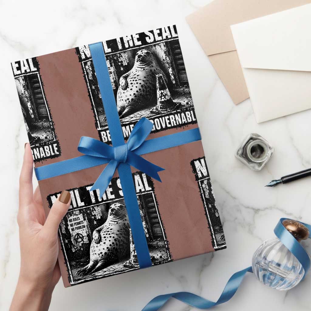 Punk Rock Neil the Seal Become Ungovernable Poster Style Wrapping Paper Roll Funny Viral Chaotic Elephant Seal Traffic Cone Meme TS02 Mocha Print Your Wear