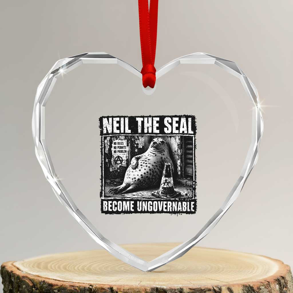 Punk Rock Neil the Seal Become Ungovernable Poster Style Heart Crystal Glass Ornament Funny Viral Chaotic Elephant Seal Traffic Cone Meme TS02 Transparent Glass 3'' Heart Print Your Wear